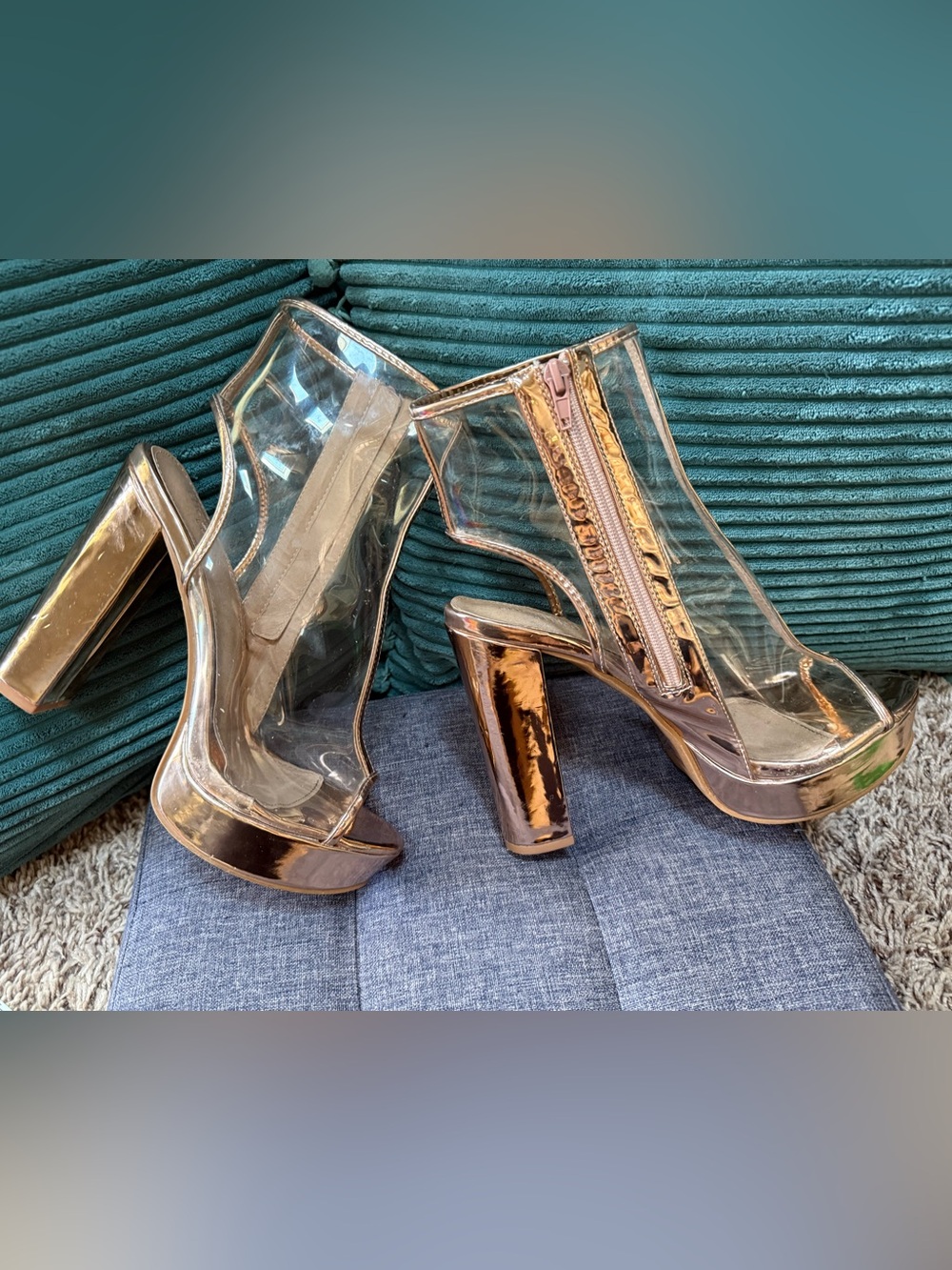 Clear PVC ankle peep toe boots -with metallic gold  platform heels (10)